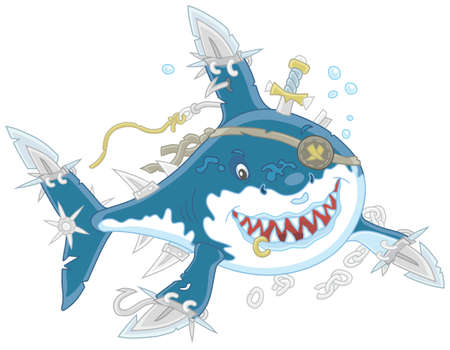 Great White Shark Pirate with fins sabers attackingのイラスト素材