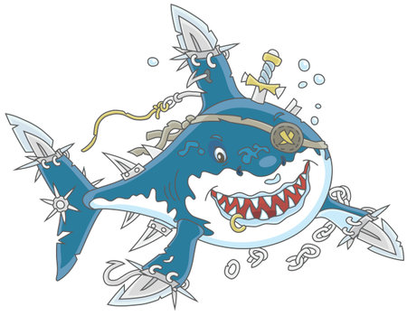 Great White Shark Pirate with fins sabers attackingのイラスト素材
