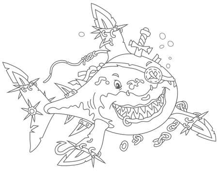 Great White Shark Pirate with fins sabers attackingのイラスト素材
