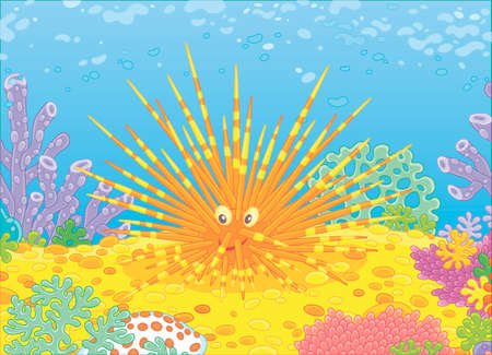 Funny long-spine sea urchin among colorful corals on a reef in a tropical sea, vector illustration in a cartoon styleのイラスト素材