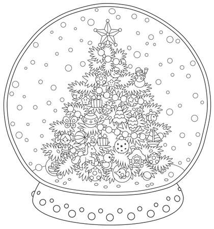 Crystal ball with a decorated Christmas tree and falling snow inside, black and white illustration in a cartoon style for a coloring bookのイラスト素材