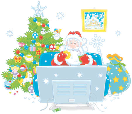 Santa Claus sitting on his sofa and watching TV near a decorated Christmas tree and a big bag of gifts, vector illustrationのイラスト素材