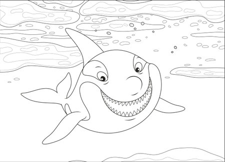 Killer whale swimming among drifting ice floes in a polar sea, black and white vector illustration in a cartoon style for a coloring bookのイラスト素材