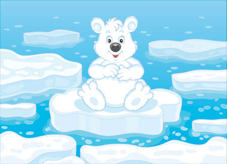 Polar bear sitting on a drifting ice floe in an arctic sea, vector illustration in a cartoon styleのイラスト素材