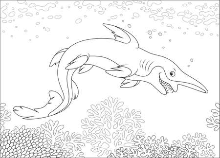 Scary deep-see goblin shark with an insidious smile swimming deep in a sea, black and white vector illustration in a cartoon style for a coloring bookのイラスト素材