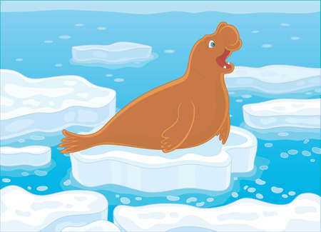Big sea elephant on a drifting ice floe in a polar sea, vector illustration in a cartoon styleのイラスト素材