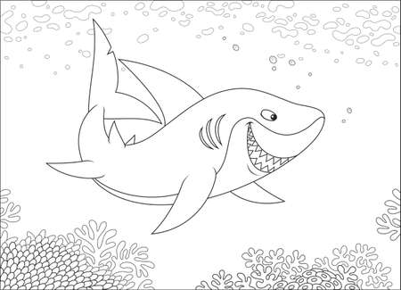 Grey reef shark swimming over a coral reef in a tropical sea, black and white vector illustration in a cartoon style for a coloring bookのイラスト素材