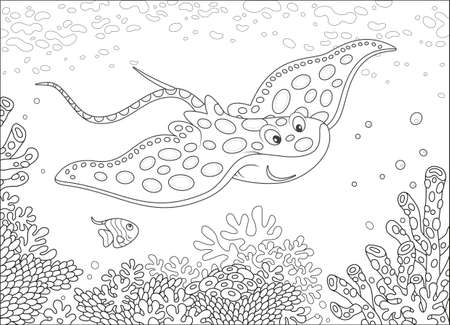 Big spotted ray and a small striped butterfly fish swimming over a coral reef in a tropical sea, black and white vector illustration in a cartoon style for a coloring bookのイラスト素材
