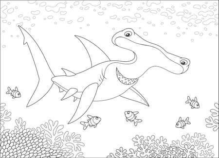 Big hammer-headed shark swimming with small striped fishes over a coral reef in a tropical sea, black and white vector illustration in a cartoon style for a coloring bookのイラスト素材