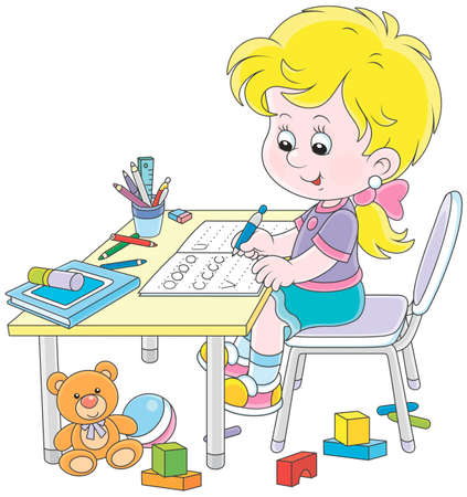 Little girl doing her homework in an exercise book with samples of writing, vector illustration in a cartoon styleのイラスト素材