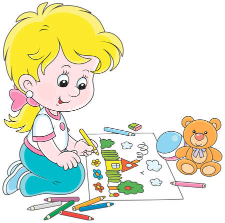 Little girl drawing with color pencils a funny summer picture of a small house and flowersのイラスト素材