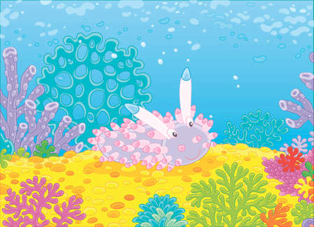 Funny sea monster mollusc among colorful corals on a reef in a tropical sea, vector illustration in a cartoon styleのイラスト素材