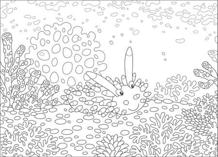 Funny sea monster mollusc among amazing corals on a reef in a tropical sea, black and white vector illustration in a cartoon style for a coloring bookのイラスト素材