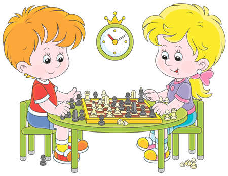 Small children playing chess, vector illustration in a cartoon styleのイラスト素材