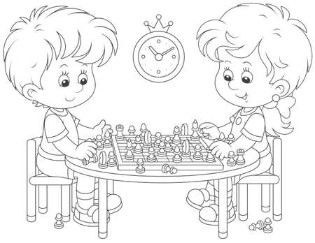 Small children playing chess, black and white vector illustration in a cartoon styleのイラスト素材