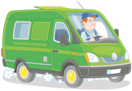 Driver in his fast delivery van, vector illustration in a cartoon styleのイラスト素材