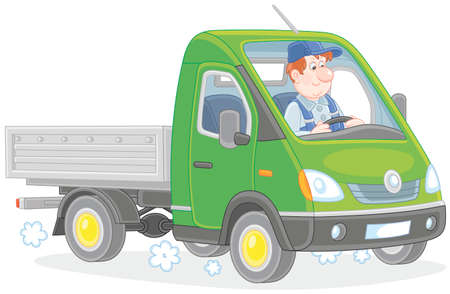 Driver in his small green truck, vector illustration in a cartoon styleのイラスト素材