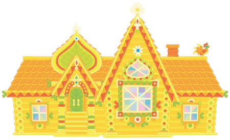 Colorfully decorated log house from a fairy tale, vector illustration in a cartoon styleのイラスト素材