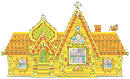 Colorfully decorated log house from a fairy tale, vector illustration in a cartoon styleのイラスト素材