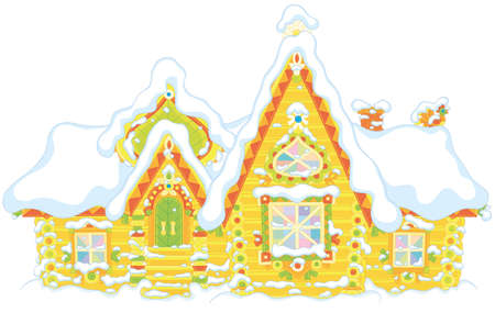 Colorfully decorated log house from a fairytale covered with snow, vector illustration in a cartoon styleのイラスト素材