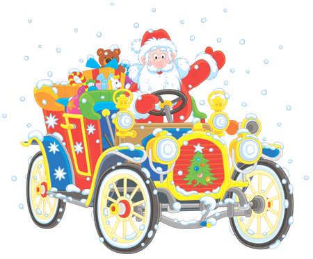 Santa Claus driving his car with Christmas giftsのイラスト素材