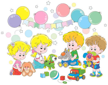 Small children playing colorful soft toys in their playroom, vector illustration in a cartoon styleのイラスト素材