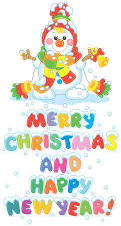 Merry Christmas and happy New Year. Colorful greeting card with a funny snowman friendly smilingのイラスト素材