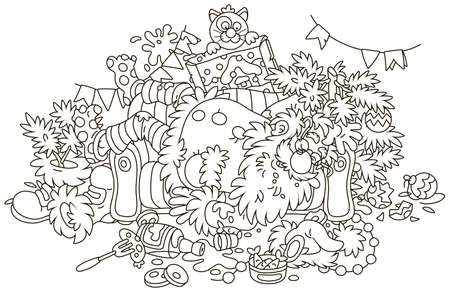 Santa Claus after the New Yearâs feast is slightly drunk and asleep on his couch in a scary mess, black and white vector illustration in a cartoon styleのイラスト素材