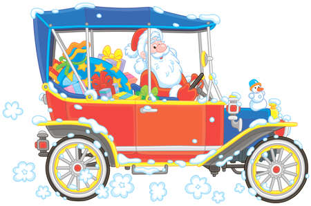 Santa Claus driving his car with Christmas gifts, vector illustration in a cartoon styleのイラスト素材