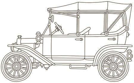 Funny old toy vintage car, black and white vector illustration in a cartoon style for a coloring bookのイラスト素材