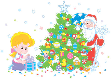 Little girl with her gift and Santa Claus who hiding and peeking out from behind a colorfully decorated Christmas tree, vector illustration in a cartoon styleのイラスト素材