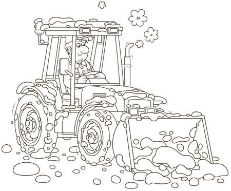 Smiling worker driving his wheeled tractor grader with a bucket and cleaning snow after snowfall, black and white vector illustration in cartoon styleのイラスト素材