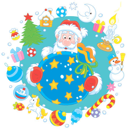 Christmas and New Year card with Santa Claus and his gift bag with colorful toys around, vector illustration in a cartoon styleのイラスト素材
