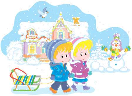 Smiling little girl and a boy walking with a small sled against a snow-covered house and a funny snowman, vector illustration in a cartoon styleのイラスト素材