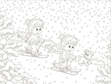 Small children skiing down a snow hill in a snow-covered winter park, black and white outline vector illustration in a cartoon style for a coloring bookのイラスト素材