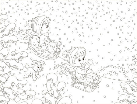 Small children sledding down a snow hill in a snow-covered winter park, black and white vector illustration in a cartoon style for a coloring bookのイラスト素材