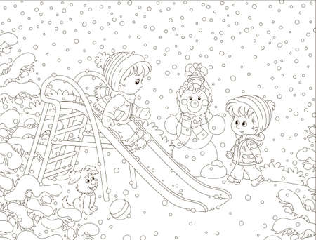 Kids playing on a toy slide on a snow-covered playground in a winter park, black and white vector illustration in a cartoon style for a coloring bookのイラスト素材