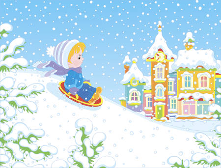 Small child sledding down a snow hill on a playground in a winter park of a town, vector illustration in a cartoon styleのイラスト素材