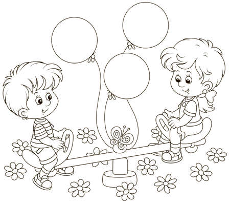 Small children playing on a toy seesaw on a playground in a park, black and white vector illustration in a cartoon style for a coloring bookのイラスト素材