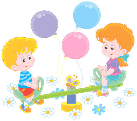 Small children playing on a toy seesaw on a playground in a park, vector illustration in a cartoon styleのイラスト素材