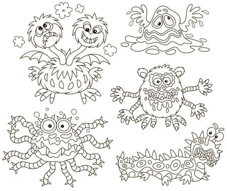 Collection of funny and terrible toy monsters, black and white vector illustrations in a cartoon style for a coloring bookのイラスト素材