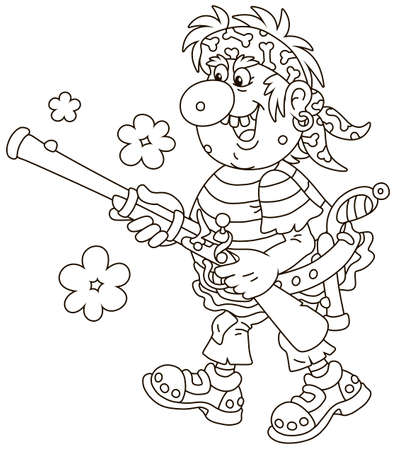 Sea pirate attacking and shooting with an old musket and a pistol, black and white vector illustration in a cartoon style for a coloring bookのイラスト素材