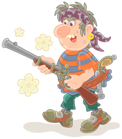 Sea pirate attacking and shooting with an old musket and a pistol, vector illustration in a cartoon styleのイラスト素材