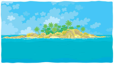 Small desert island with rocks and palms in a tropical sea, vector illustration in a cartoon styleのイラスト素材