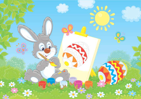 Little Bunny drawing a colorful Easter egg among flowers on green grass of a lawn on a sunny spring day,  illustration in a cartoon styleのイラスト素材