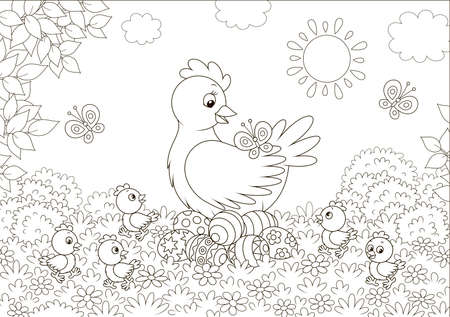 Hen sitting on colored Easter eggs and surrounded by small chicks walking on grass among flowers and flittering butterflies on a sunny spring day,  illustration in a cartoon styleのイラスト素材