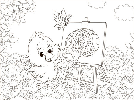 Little chick drawing a decorated Easter egg among flowers on grass of a lawn on a sunny spring day, black and white  illustration in a cartoon style for a coloring bookのイラスト素材