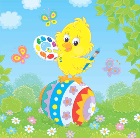 Little yellow chick coloring an Easter egg among flowers on green grass of a lawn on a sunny spring day,  illustration in a cartoon styleのイラスト素材