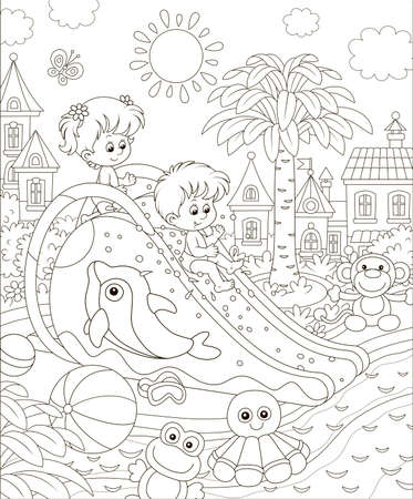 Small children sliding down from a waterslide in a summer aquapark, black and white illustration in a cartoon style for a coloring bookのイラスト素材