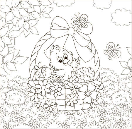 Little chick and colored Easter eggs in a basket decorated with a bow among flowers and flittering butterflies on a sunny spring day, black and white illustration in a cartoon styleのイラスト素材